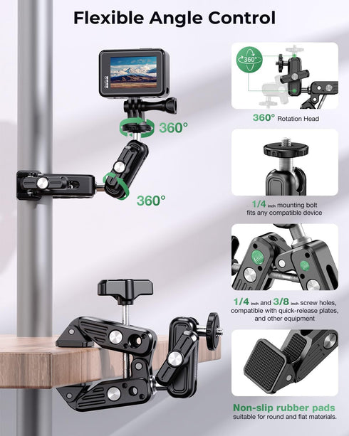 CAMBOFOTO 360 1/4"-20 3/8"-16 Camera/Gopro/Ronin-M/MOVI/Insta360/Tripod/Desk Super Clamp Camera Mount, Dual Ballhead