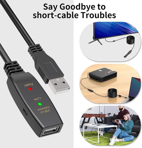 LDKCOK 60FT Active USB Extension Cable 2.0 Male to Female with A Extension Chipset Signal Booster - Active