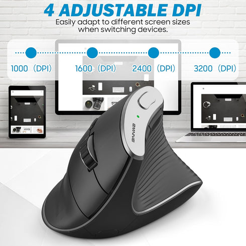Wireless Vertical Ergonomic Mouse, Multi-Device Bluetooth + 2.4G Connection, 4 Adjustable DPI for PC, Laptop, Black