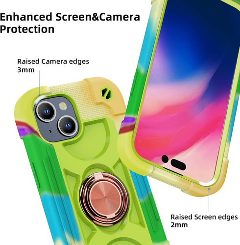 iPhone 15 Case, Rainbow Green, Heavy-Duty Shockproof Military-Grade Rugged Cover with Ring Stand, Glass Screen & Camera