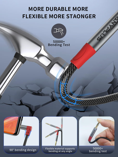 Aux Cord 3.5mm Male to Male Headphone Jack Braided Audio Cable, 90 Degree, for Android, iPhone, iPod, iPad, Speakers