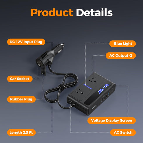 TESSAN 200W 12V 110V 2 6 36W 3.0 Car Power Inverter, DC to AC Converter with AC Outlets and USB Ports with USB-C, Car