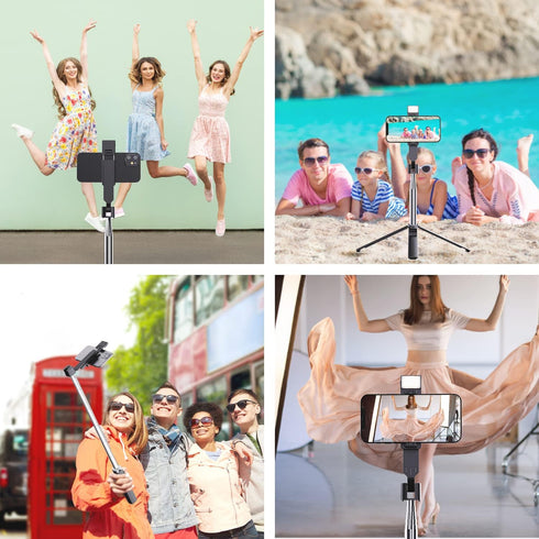 Ambertronix 40” Selfie Stick Tripod Quadrapod, Wireless Bluetooth Remote, Onboard Light, Compatible with iPhone &