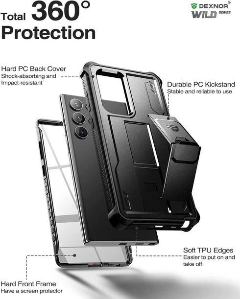 Dexnor Samsung Galaxy S22 Ultra Case, Built-in Screen Protector and Kickstand, Heavy Duty Protection