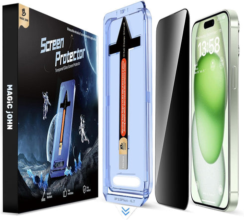 MAGIC JOHN Privacy Glass Screen Protector for iPhone 15 Plus 6.7" - 2 Pack, Easy Bubble-Free Installation, Auto