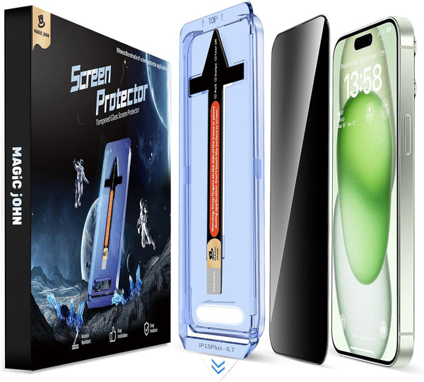 MAGIC JOHN Privacy Glass Screen Protector for iPhone 15 Plus 6.7" - 2 Pack, Easy Bubble-Free Installation, Auto