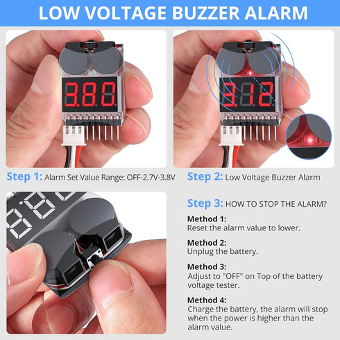 CAMWAY 5PCS 2in1 Lipo Battery Voltage Tester, RC Low Voltage Buzzer Alarm, Battery Monitor Checker for 1-8s Lipo/Li-ion