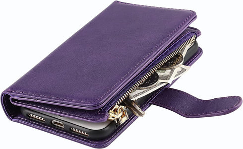 Jaorty Wallet Case for iPhone 7/8/iPhone SE 2nd 2020/iPhone SE 3rd 2022, 9 Card Slots, Zipper Cash Pocket, Purple