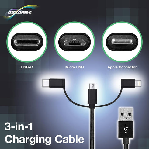 BoxWave MP3 3-in-1 Cable Compatible with RUIZU Kids Bluetooth Player - AllCharge Cable - Jet Black