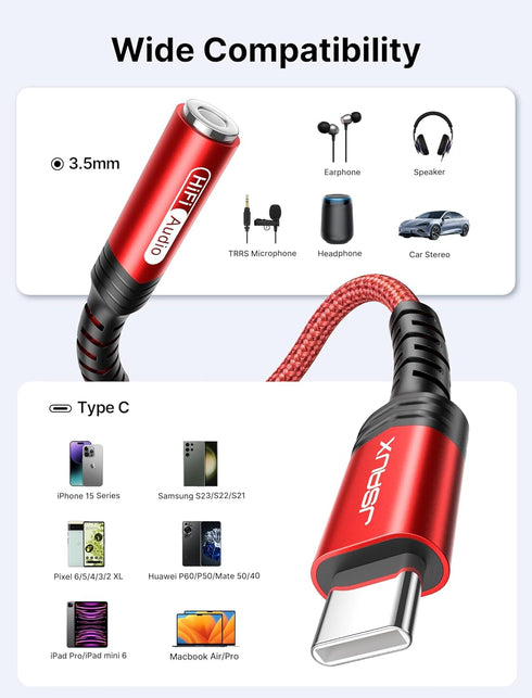 JSAUX USB Type C to 3.5mm Female Headphone Jack Adapter, USB C to Aux Audio Dongle for iPhone and Samsung