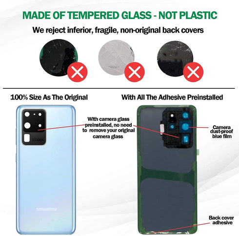 Galaxy S20 Ultra Replacement Back Glass Panel Case with Pre-Installed Camera Lens, Adhesive, Repair Tool Kit for