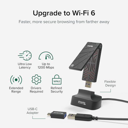 Plugable WiFi 6 USB WiFi Adapter for Desktop PC and Laptops, AX1800 USB 3.0 and USB C Wireless Adapter