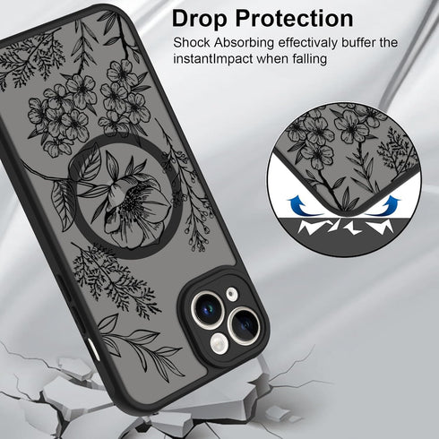 OOK 15 6.1 Inch Designed for iPhone Case Black Floral Flower Leaves Pattern Compatible with Magsafe Soft TPU Bumper