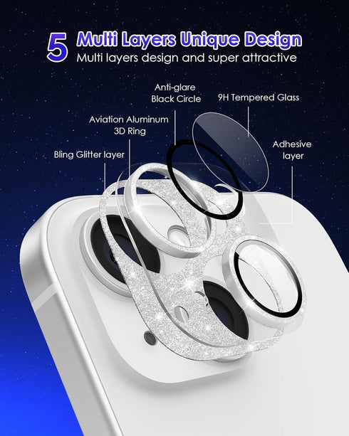 for iPhone 15 Plus/iPhone 15 Camera Lens Protector Glitter Plus Aluminium Alloy Ring 9H Tempered Glass Cover
