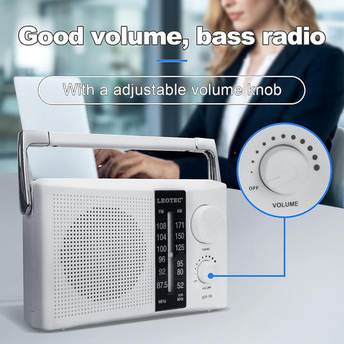 LEOTEC AM FM Radio Transistor Radio, Battery or AC Powered, Excellent Reception, Large Speakers, White