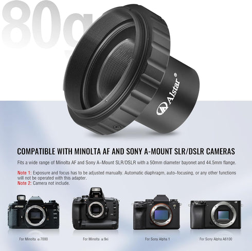 A ALSTAR T2 1.25 Inch Alstar Telescope Photo Adapter for Minolta AF and Sony A Mount DSLR Cameras, T Mount Telescope