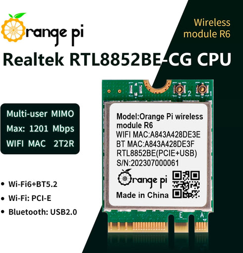 5 Plus WiFi 6 Module Wireless Card 1201Mbps PCIe Wi-Fi6+BT5.2, Wireless Module R6 Support WiFi Bluetooth Compatible with Orange Pi 5 Plus Singble Board Computers