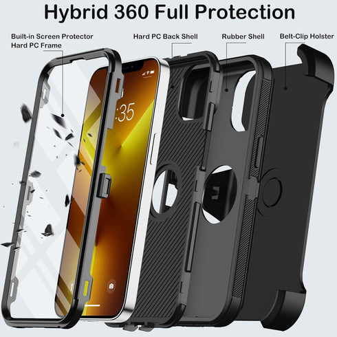 iPhone 13 Pro Max Case with Belt Clip Holster & Kickstand - Heavy Duty Shockproof Drop Protection, Black