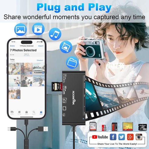 MTAKYA 7-in-3 USB3.0 5Gbps Multi Memory Card Reader, USB C Lighting Multi Card Reader for SD TF CF XD MS,SD Card Reader