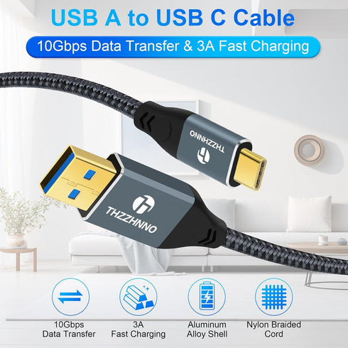 10FT 2Pack, 3.1 3.2 Gen2 10Gbps 15/MacBook USB A to USB C Cable USB USB Data Transfer Cord for Samsung Galaxy/iPhone