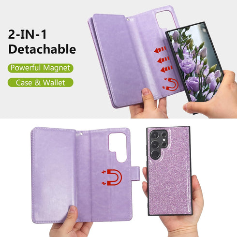 Varikke Wallet Case for Galaxy S22 Ultra - Detachable Card Holder with Glitter Leather Strap, Magnetic Flip Cover.