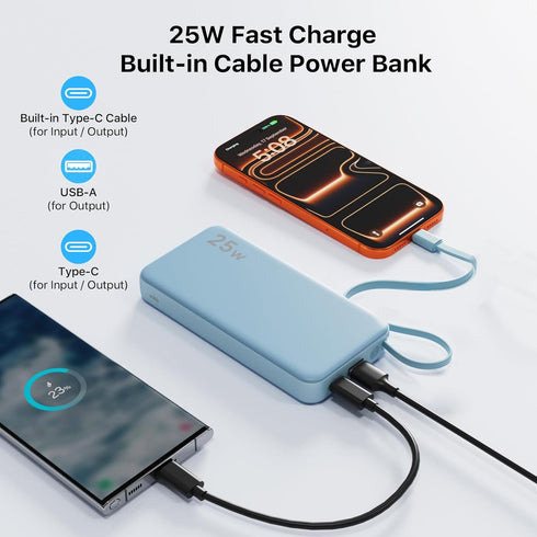 NOBIS 10000mAh 25W Fast Charging Portable Travel Power Bank with Built-in Cables & LED Display, Compatible with iPhone