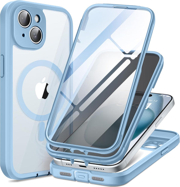 TIESZEN iPhone 15 Plus Case - Sky Blue, Dustproof, MagSafe Compatible, with Privacy Screen & 9H Tempered Glass