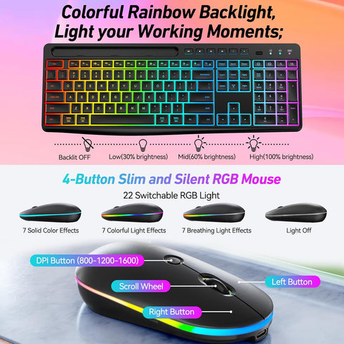 Wireless Keyboard and Mouse Combo with Backlit, 2.4Ghz Rechargeable Light Up Keyboard Mouse Set for Computer