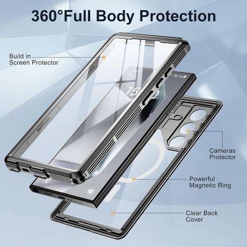 Samsung Galaxy S24 Ultra Case, Black - Waterproof IP68, 12FT Military Shockproof, Built-in Screen & Lens Protector.