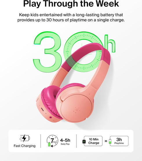 30H 85dB Belkin SoundForm Mini - Wireless Bluetooth Kids Headphones, Battery, Safe Volume Limit, Built-in Microphone