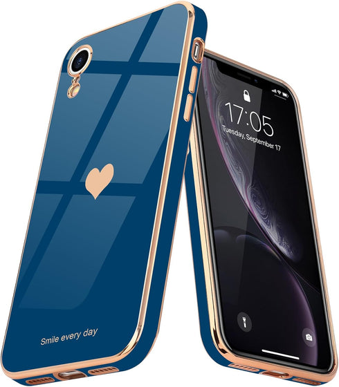 Teageo iPhone Xr Case for Women, Cute Love-Heart Luxury Bling Plating Soft Back Cover with Full Camera Protection,