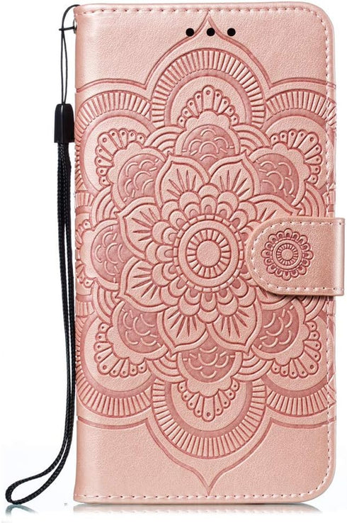 Samsung Galaxy A20S Case, Stylish PU Leather Wallet with Stand, Credit Card Slot, Shockproof Flip, Rose Gold Sunflower