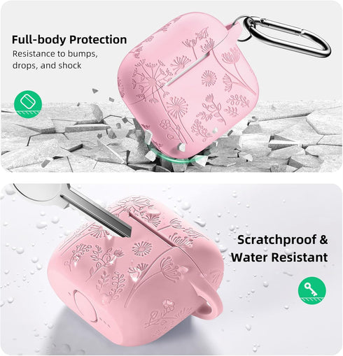 Lerobo 4 4 2024 for Airpods Case Cover with Cleaner Kit, Cute Flower Engraved Silicone Protective Case Cover