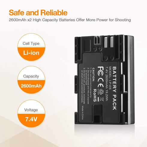 LP-E6 LP E6N Replacement Camera Batteries with Rapid Dual Charger Set for Canon 5D Mark II, III, IV, 6D, 7D