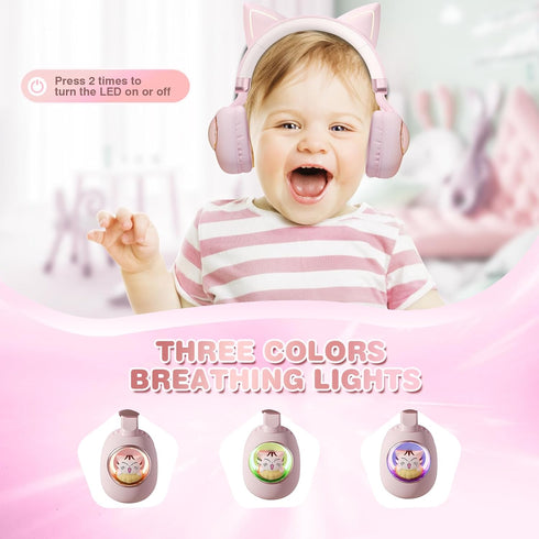 Pink Cat Ear Headphones for Kids, Cute Wireless Bluetooth Headphones for School, Noise Cancelling