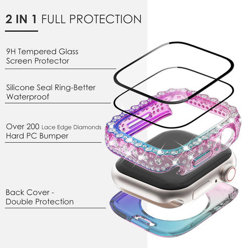Surace 2 in 1 Waterproof Bling Case for Apple Watch Series 9/8/7 45mm, Lace Edge Diamond Protective Bumper Cover
