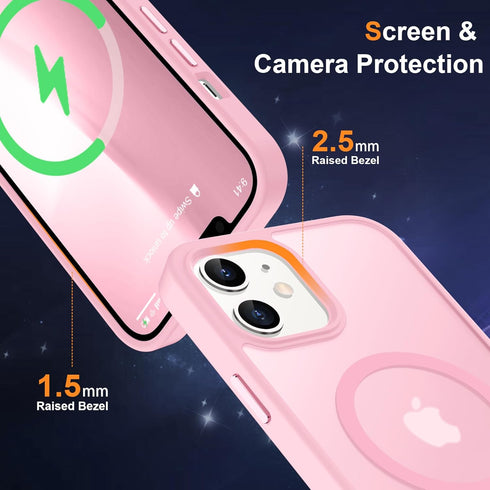 ORETECH Magnetic iPhone 12 Case, Light Pink Frosted Translucent, 15 FT Drop Protection, 2 Pcs Screen Protectors