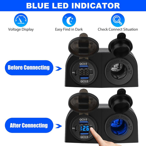 3 in 1 Tent Type Panel, PD Charger Socket + QC3.0 Dual USB Car Charger + 12V/24V Cigarette Lighter Socket + LED