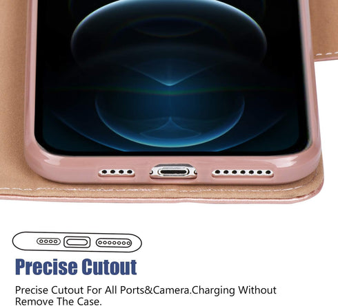 Arae Case for iPhone 12 Pro Max, Wallet Case Flip Cover with Card Holder, 6.7 inch (Rose Gold)