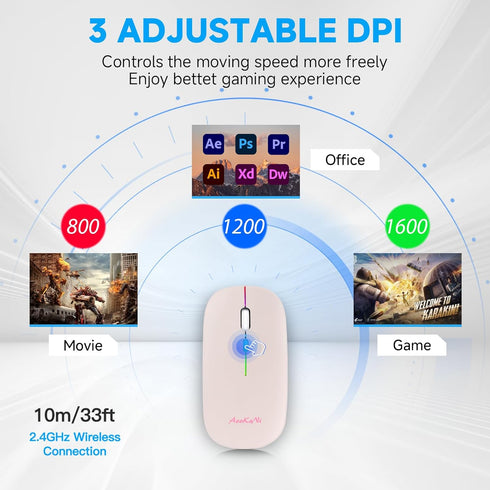 Wireless Bluetooth Mouse - Rechargeable USB Optical Mouse, LED Slim Dual Mode for Laptop, PC, Mac OS, Android (Pink)