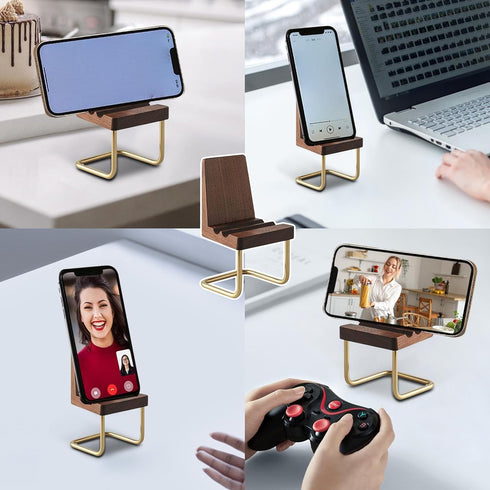 Generic Wooden Phone Stand Small Chair Desk Holder, Compact Mobile Support Mount, Cute Tabletop Decoration, Portable
