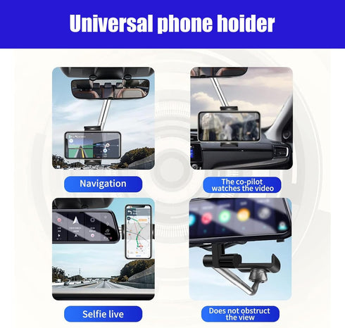 Car Rearview Mirror Mobile Phone Holder Pack-1, 360 Degrees Rotation, Retractable Bracket, for Most Car Models (Black)