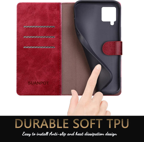 SUANPOT Leather Wallet Case for Samsung Galaxy A42 5G, RFID Blocking, Flip Folio Book Phone Case, Red