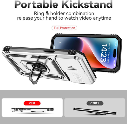 Hitaoyou Compatible with iPhone 15 Pro Max Case, Military Grade Shockproof Case with Camera Cover & Kickstand (Silver)