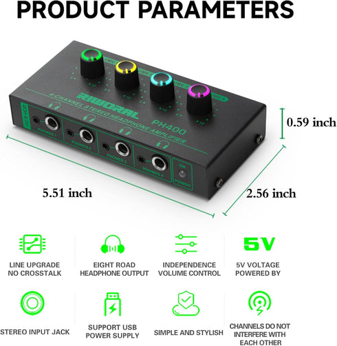 4 Channels Headphone Amplifier with 1/4" and 1/8" TRS Jack Input for DJ Mixer, Headphone Splitter