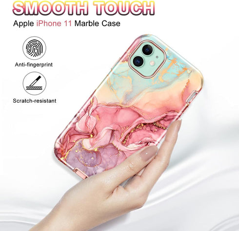 CASEFIV iPhone 11 Case, Rose Gold Marble Pattern, 3-in-1 Heavy Duty Shockproof, Full Body Rugged PC+Soft Silicone Cover.