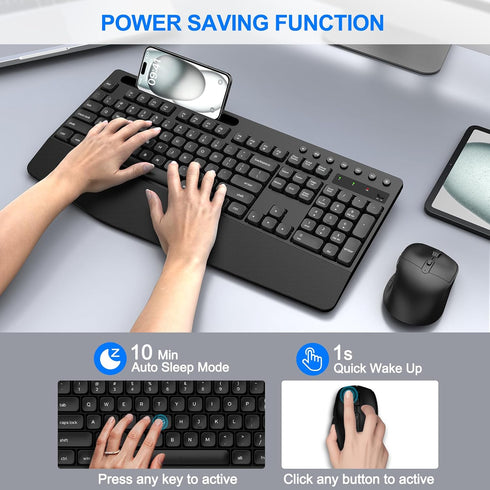 EDJO Set Wireless Keyboard and Mouse Combo, Full-Size Ergonomic Wireless Computer Keyboard with Wrist Rest, Phone