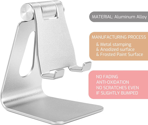 Aluminum Alloy Adjustable Cell Phone Stand, Metal Desktop Holder, Smartphone Cradle, Silver