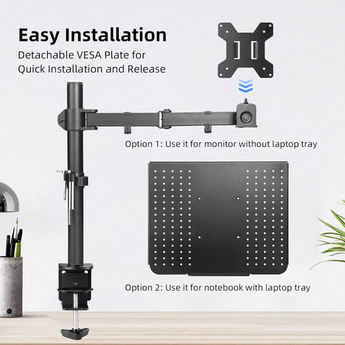 suptek Single Laptop Notebook Desk Mount with Tray for 13-27 inch Computer Screen, Adjustable Laptop Desk Arm