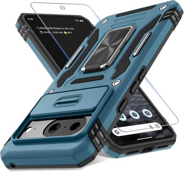 DEERLAMN Slide Camera Cover Case for Google Pixel 8, Military Grade Shockproof with Screen Protector, Light Blue